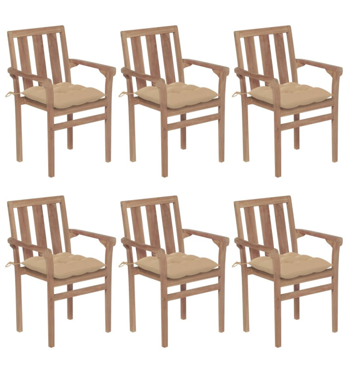 Chaises de jardin empilables avec coussins lot de 6 Teck solide | Mobilier & Déco