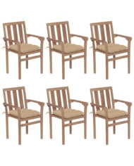 Chaises de jardin empilables avec coussins lot de 6 Teck solide | Mobilier & Déco