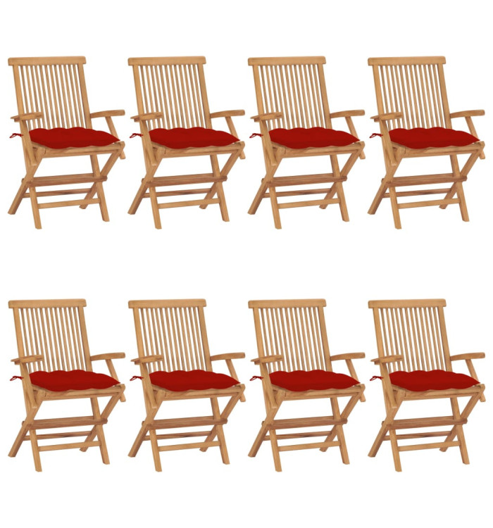Chaises de jardin avec coussins rouge lot de 8 Bois teck massif | Mobilier & Déco