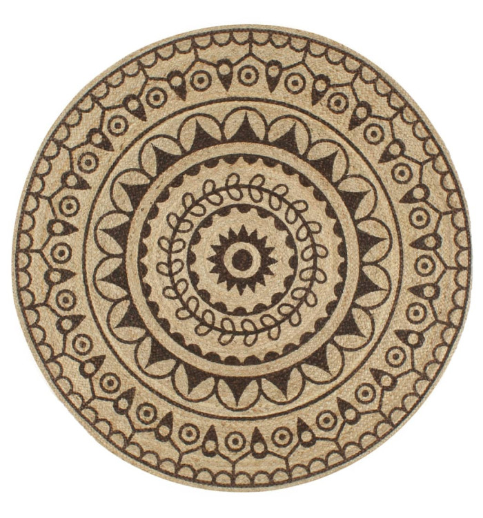 Tapis fait à la main Jute avec imprimé marron foncé 150 cm | Mobilier & Déco