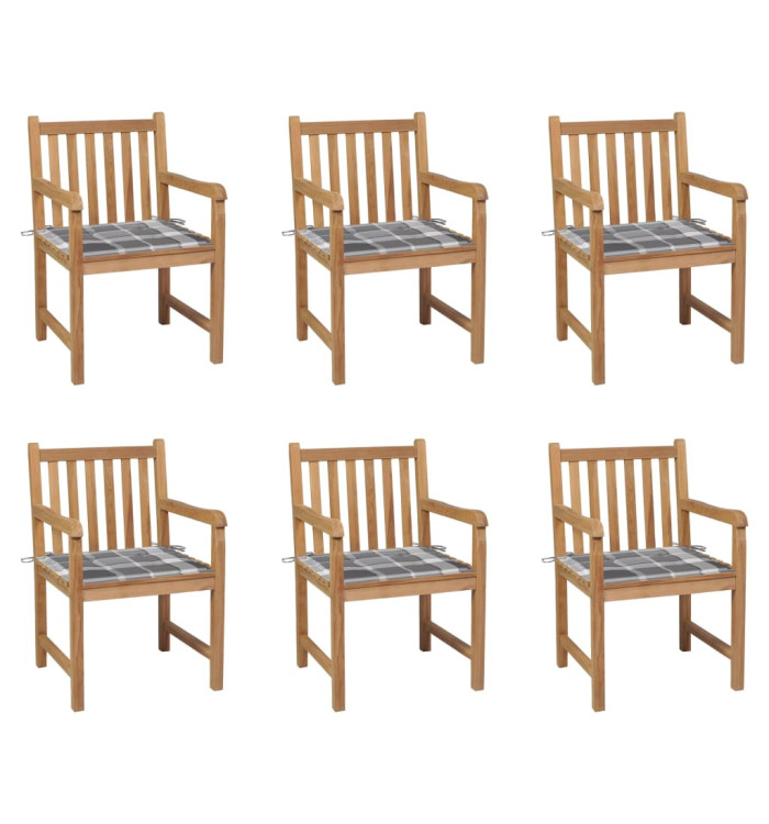 Chaises de jardin lot de 6 et coussins carreaux gris bois teck | Mobilier & Déco