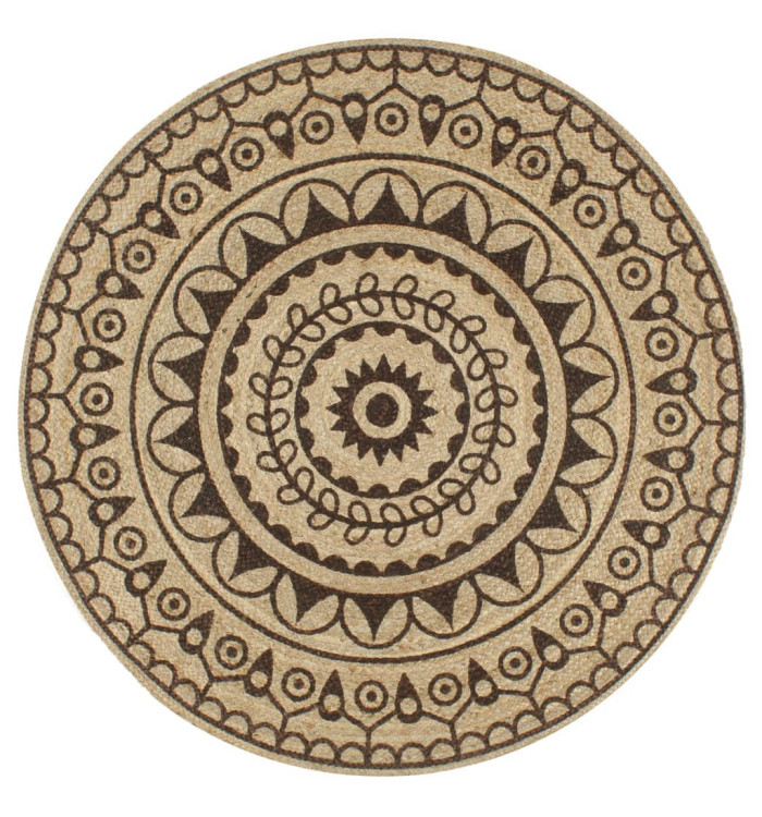 Tapis fait à la main Jute avec imprimé marron foncé 90 cm | Mobilier & Déco