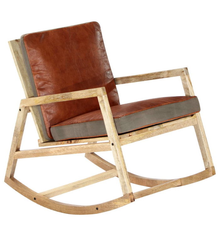 Chaise à bascule Marron Cuir véritable et manguier massif | Mobilier & Déco