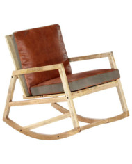 Chaise à bascule Marron Cuir véritable et manguier massif | Mobilier & Déco