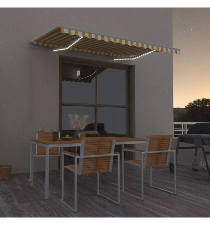 Auvent manuel rétractable avec LED 350x250 cm Jaune et blanc | Mobilier & Déco