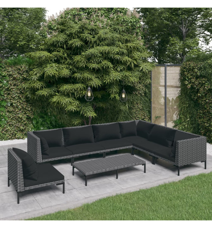 Salon de jardin 8 pcs avec coussins Résine tressée Gris foncé | Mobilier & Déco
