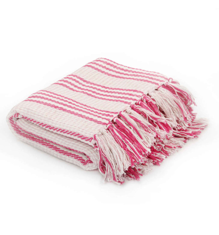Couverture coton à rayures 220x250 cm Rose et Blanc | Mobilier & Déco