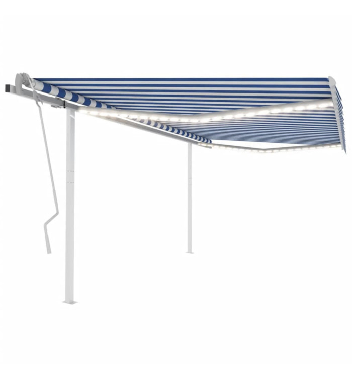 Auvent manuel rétractable avec LED 4,5x3 m Bleu et blanc | Mobilier & Déco