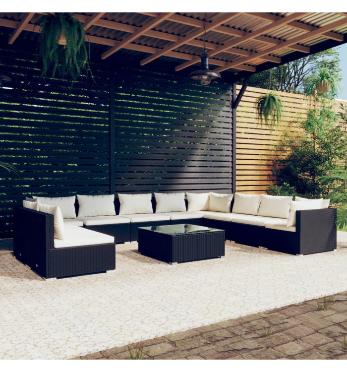 Salon de jardin 11 pcs avec coussins noir résine tressée | Mobilier & Déco
