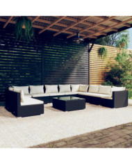 Salon de jardin 11 pcs avec coussins noir résine tressée | Mobilier & Déco