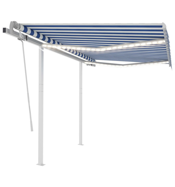 Auvent manuel rétractable avec LED 3,5x2,5 m Bleu et blanc | Mobilier & Déco
