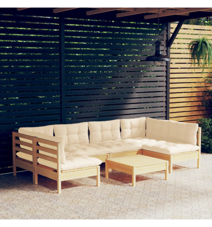 Salon de jardin 7 pcs avec coussins crème bois de pin massif | Mobilier & Déco