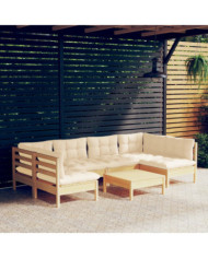 Salon de jardin 7 pcs avec coussins crème bois de pin massif | Mobilier & Déco