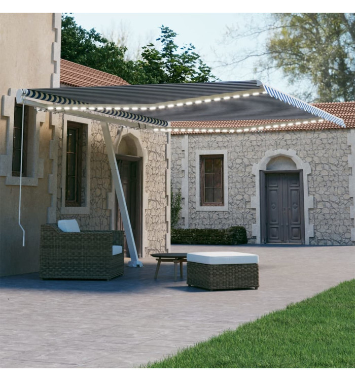 Auvent manuel rétractable avec LED 450x300 cm Bleu et blanc | Mobilier & Déco