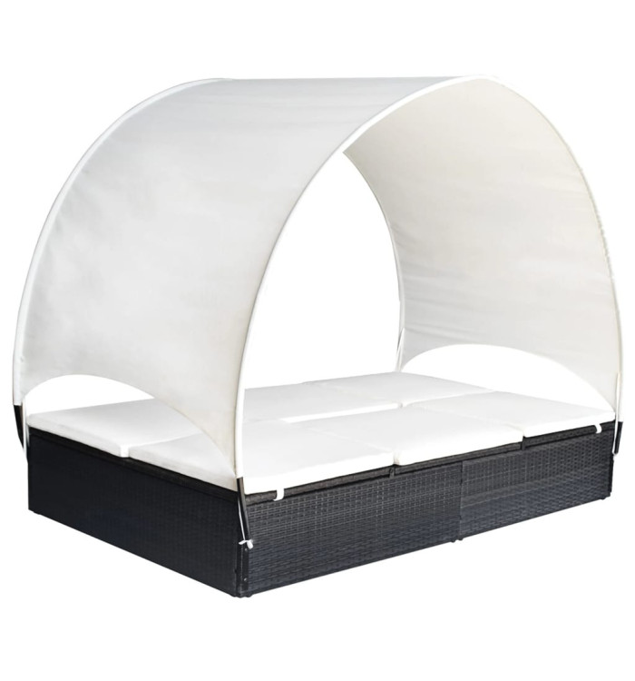 Chaise longue double avec auvent Résine tressée Noir | Mobilier & Déco