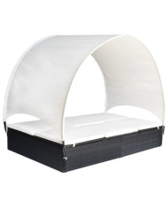 Chaise longue double avec auvent Résine tressée Noir | Mobilier & Déco