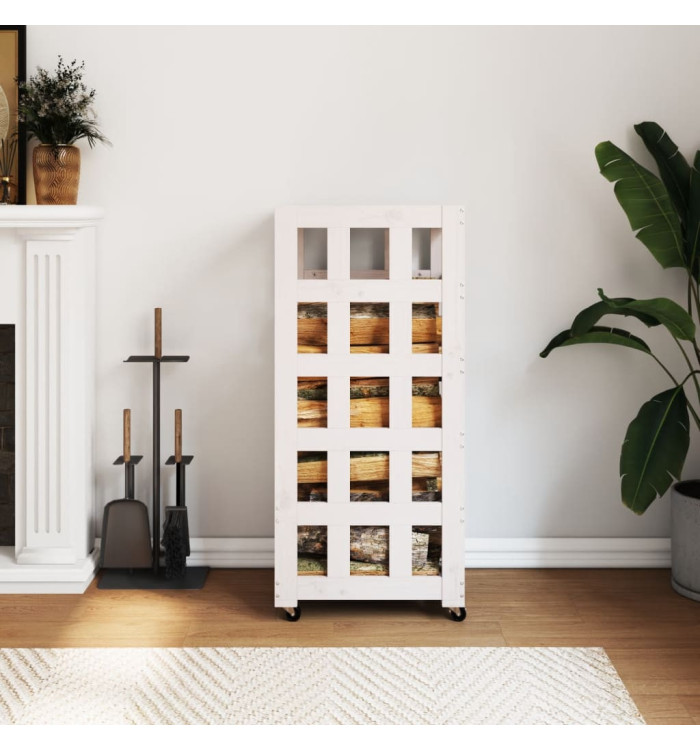 Porte-bûches avec roulettes blanc 40x49x110 cm bois massif pin | Mobilier & Déco