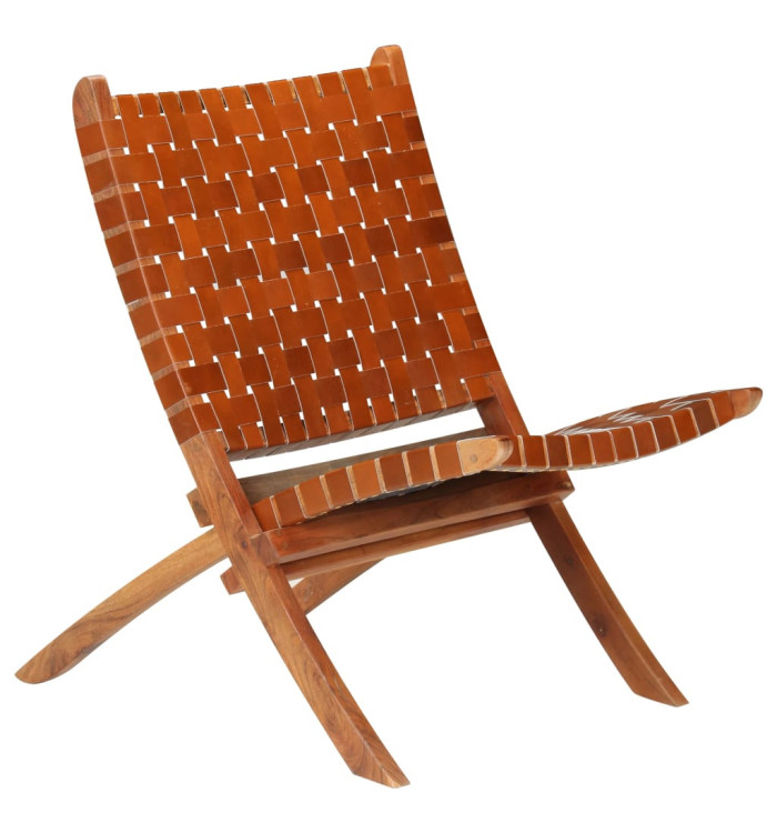 Chaise pliable bandes croisées marron cuir véritable | Mobilier & Déco