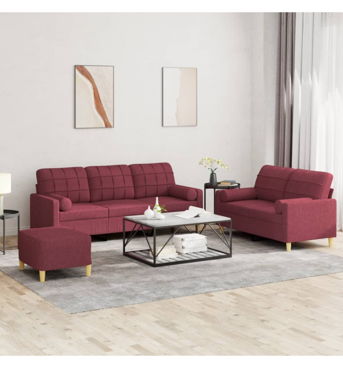 Ensemble de canapés 3 pcs avec coussins rouge bordeaux tissu | Mobilier & Déco