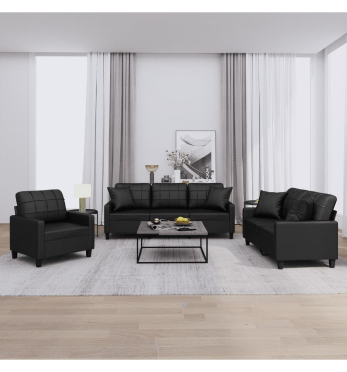 Ensemble de canapés 3 pcs avec coussins noir similicuir | Mobilier & Déco