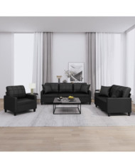 Ensemble de canapés 3 pcs avec coussins noir similicuir | Mobilier & Déco