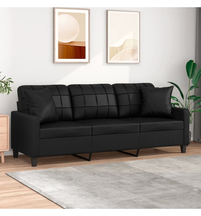 Canapé 3 places avec oreillers décoratifs noir 180cm similicuir | Mobilier & Déco
