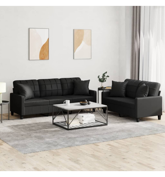 Ensemble de canapés 2 pcs avec coussins noir similicuir | Mobilier & Déco