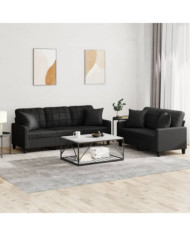 Ensemble de canapés 2 pcs avec coussins noir similicuir | Mobilier & Déco