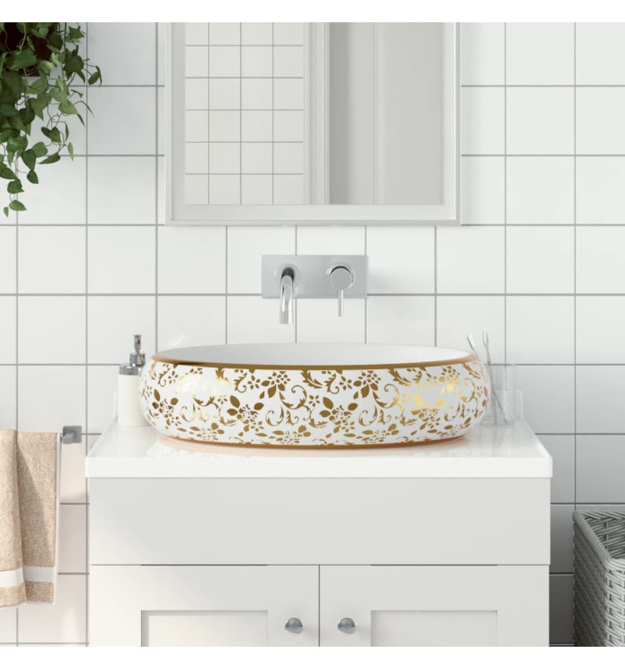 Vasque à poser blanc et doré ovale 59x40x15 cm céramique | Mobilier & Déco