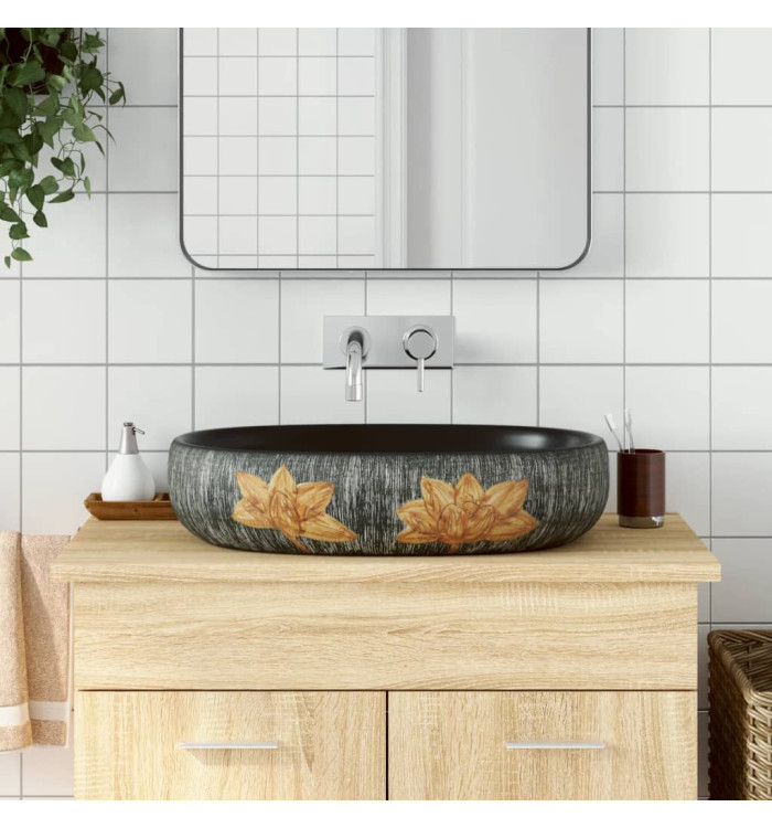 Vasque à poser gris et noir ovale 59x40x14 cm céramique | Mobilier & Déco