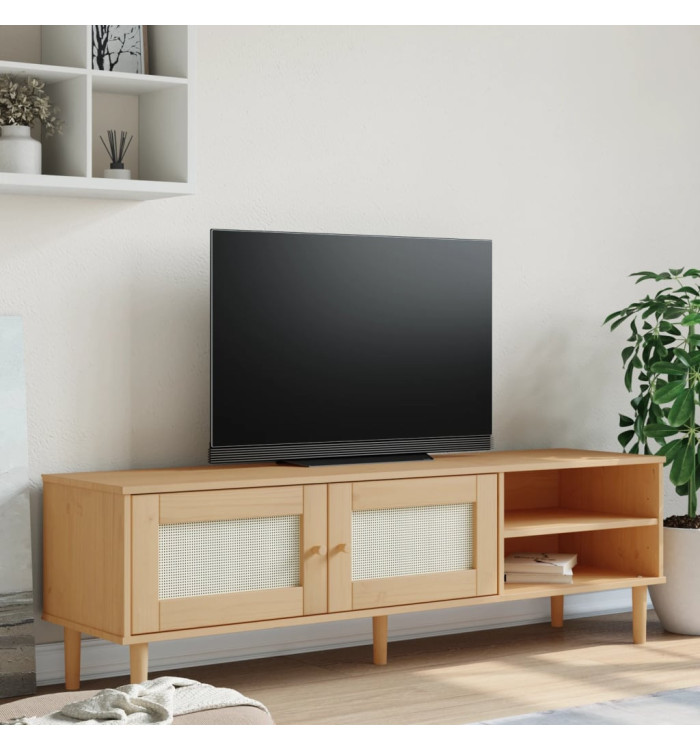 Meuble TV SENJA aspect rotin marron 158x40x49cm bois massif pin | Mobilier & Déco