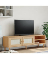 Meuble TV SENJA aspect rotin marron 158x40x49cm bois massif pin | Mobilier & Déco