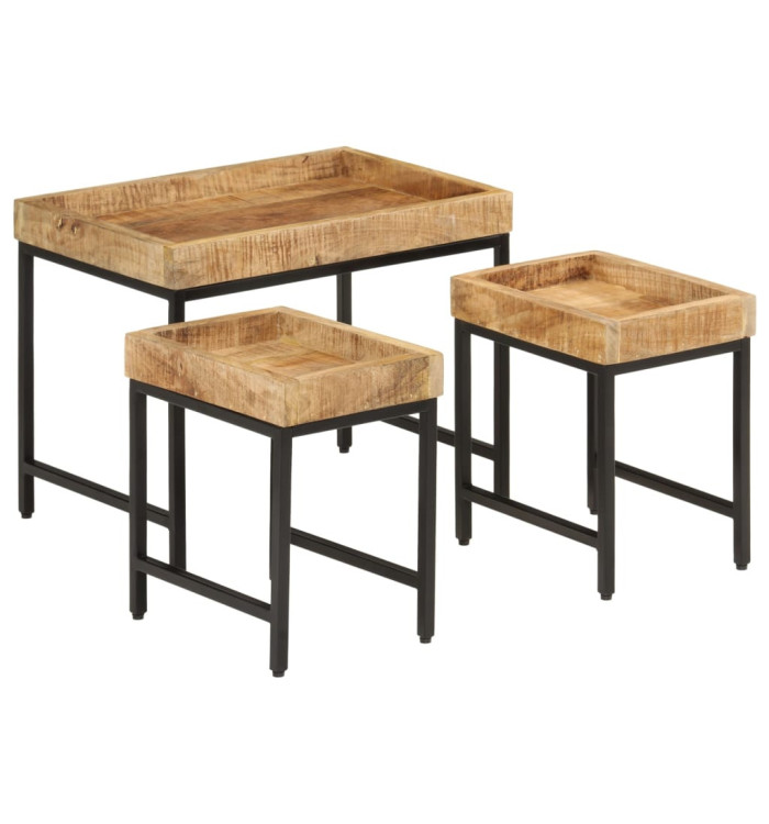 Tables basses gigognes 3pcs bois de manguier massif brut et fer | Mobilier & Déco