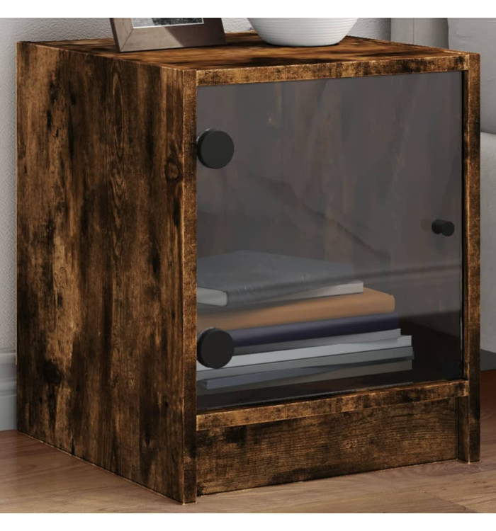Table de chevet avec porte en verre chêne fumé 35x37x42 cm | Mobilier & Déco