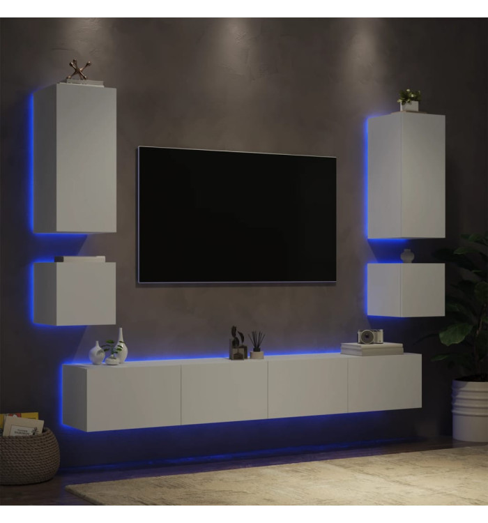 Meuble TV muraux 6 pcs avec lumières LED blanc | Mobilier & Déco