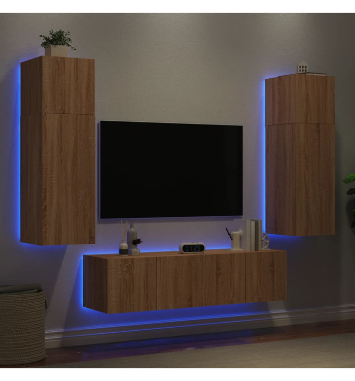 Unités murales TV avec LED 6 pcs chêne sonoma bois d'ingénierie | Mobilier & Déco