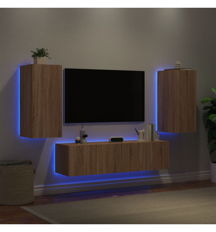Unités murales TV avec LED 4 pcs chêne sonoma bois d'ingénierie | Mobilier & Déco