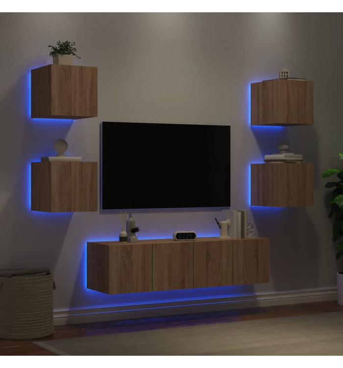 Unités murales TV avec LED 6 pcs chêne sonoma bois d'ingénierie | Mobilier & Déco