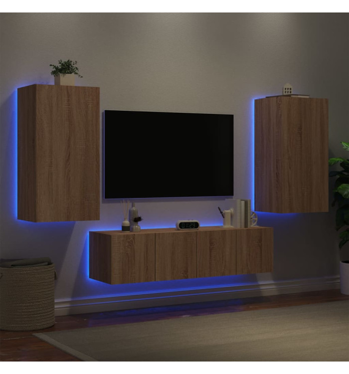 Unités murales TV avec LED 4 pcs chêne sonoma bois d'ingénierie | Mobilier & Déco