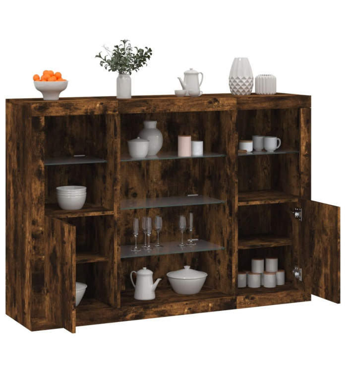 Buffets avec lumières LED 3 pcs chêne fumé bois d'ingénierie | Mobilier & Déco