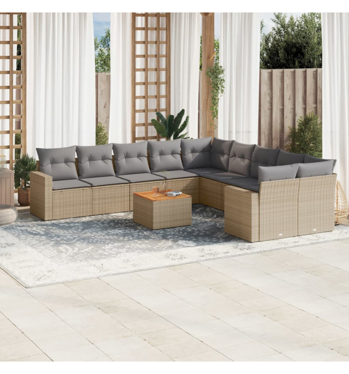 Salon de jardin 11 pcs avec coussins beige résine tressée | Mobilier & Déco