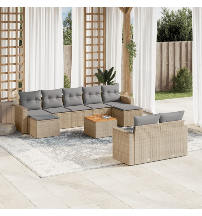 Salon de jardin avec coussins 10 pcs beige résine tressée | Mobilier & Déco