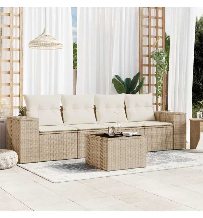 Salon de jardin avec coussins 5 pcs beige résine tressée | Mobilier & Déco