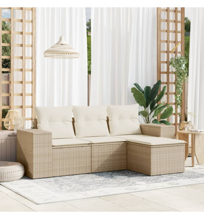 Salon de jardin avec coussins 4 pcs beige résine tressée | Mobilier & Déco