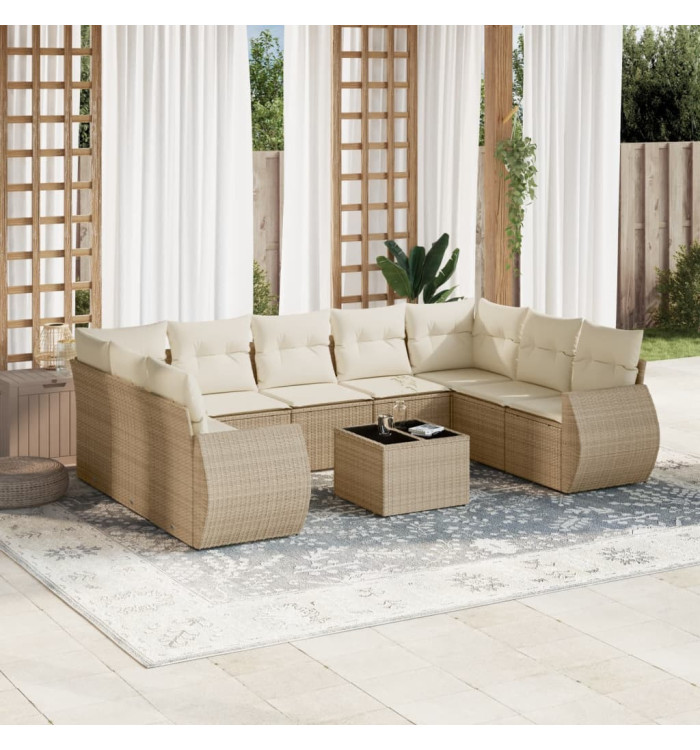Salon de jardin avec coussins 10 pcs beige résine tressée | Mobilier & Déco