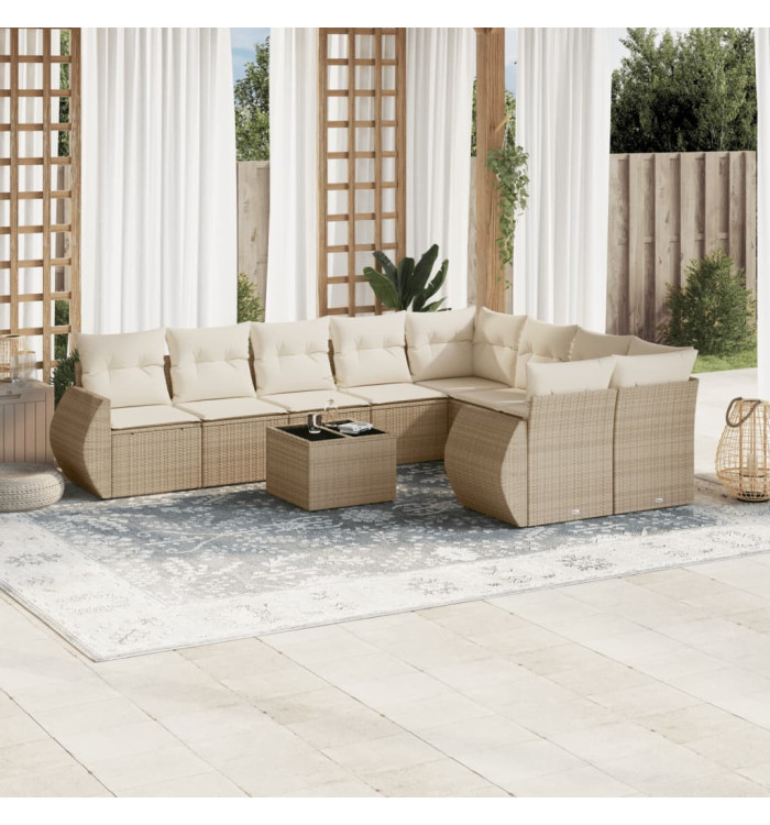 Salon de jardin avec coussins 10 pcs beige résine tressée | Mobilier & Déco