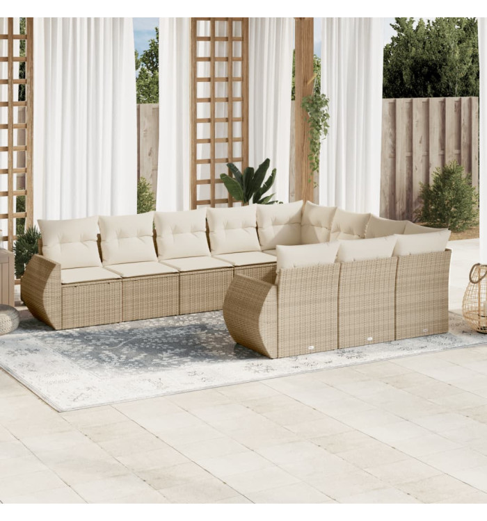 Salon de jardin avec coussins 10 pcs beige résine tressée | Mobilier & Déco