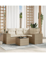 Salon de jardin avec coussins 5 pcs beige résine tressée | Mobilier & Déco
