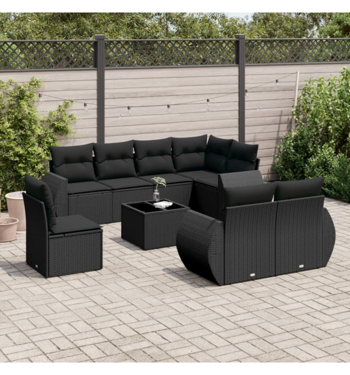 Salon de jardin 9 pcs avec coussins noir résine tressée | Mobilier & Déco