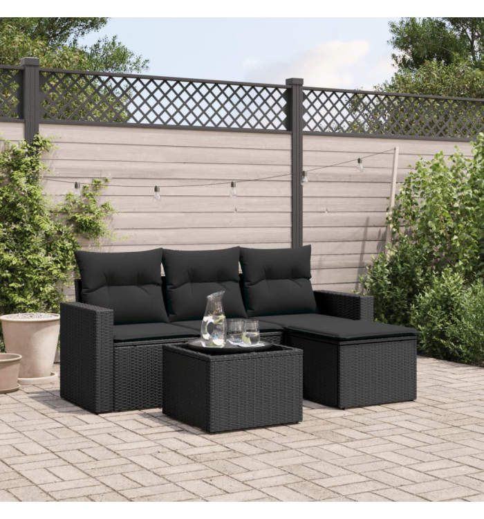 Salon de jardin 5 pcs avec coussins noir résine tressée | Mobilier & Déco